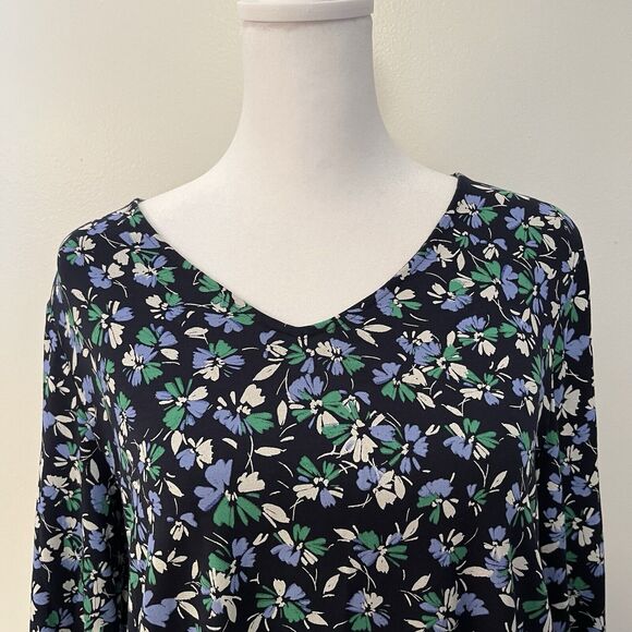J Jill Women Top Blouse Sz S Blue Floral Wearever Smocked Tunic Stretch Ruffled - Picture 3 of 9
